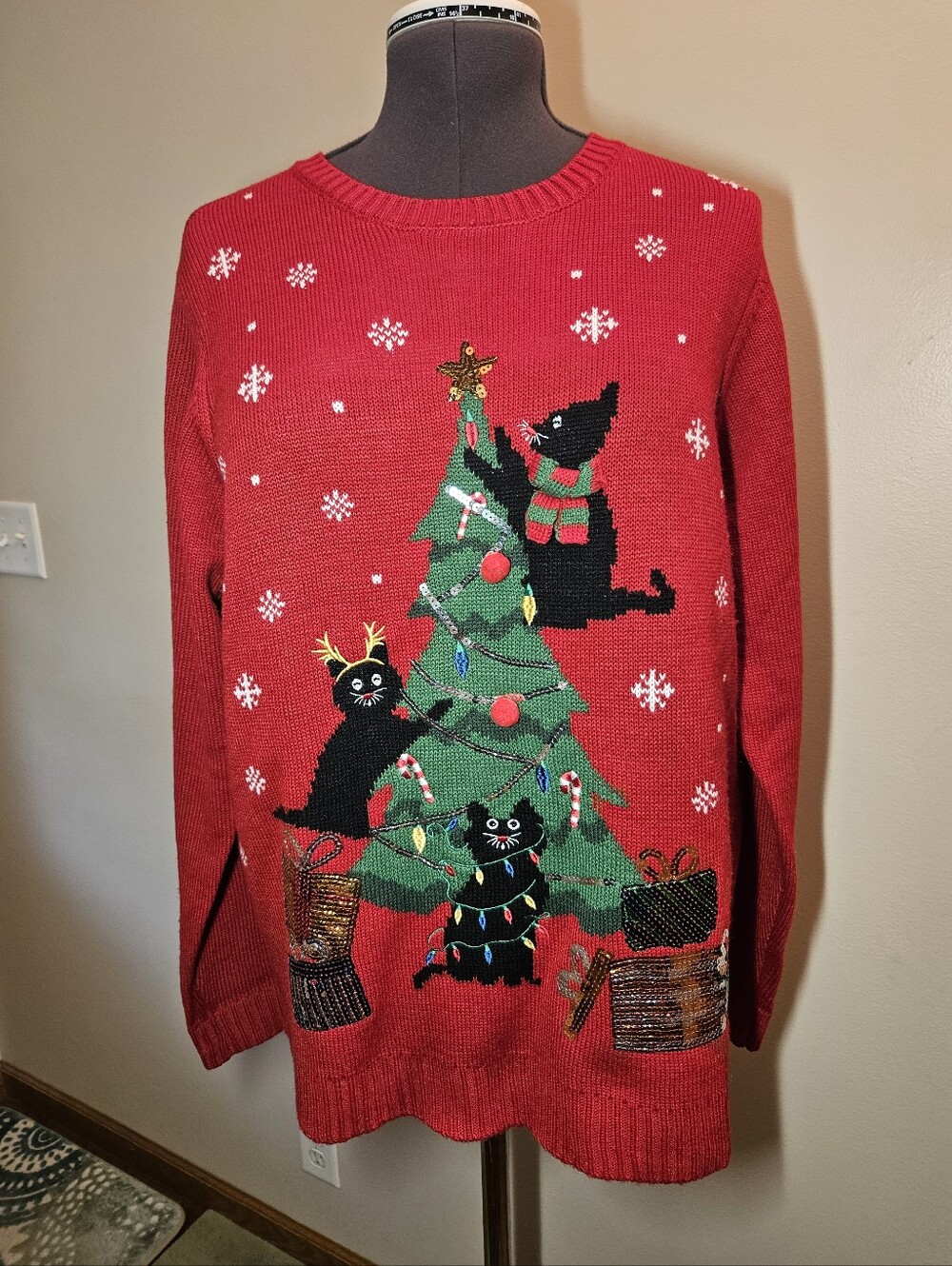 Karen Scott XXL Christmas Cats Sweater "Ugly Sweater" Red Crewneck Holiday